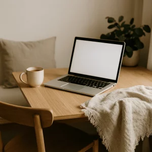 Einladender Platz im eigenen Zuhause für achtsame Online-Begleitung mit warmem Licht und ruhiger Atmosphäre